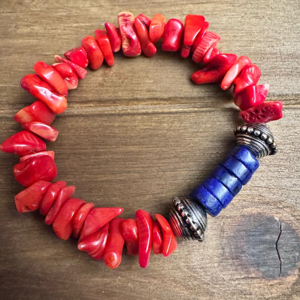 Bohemian Coral and Lapiz Lazuli Beaded Bracelet